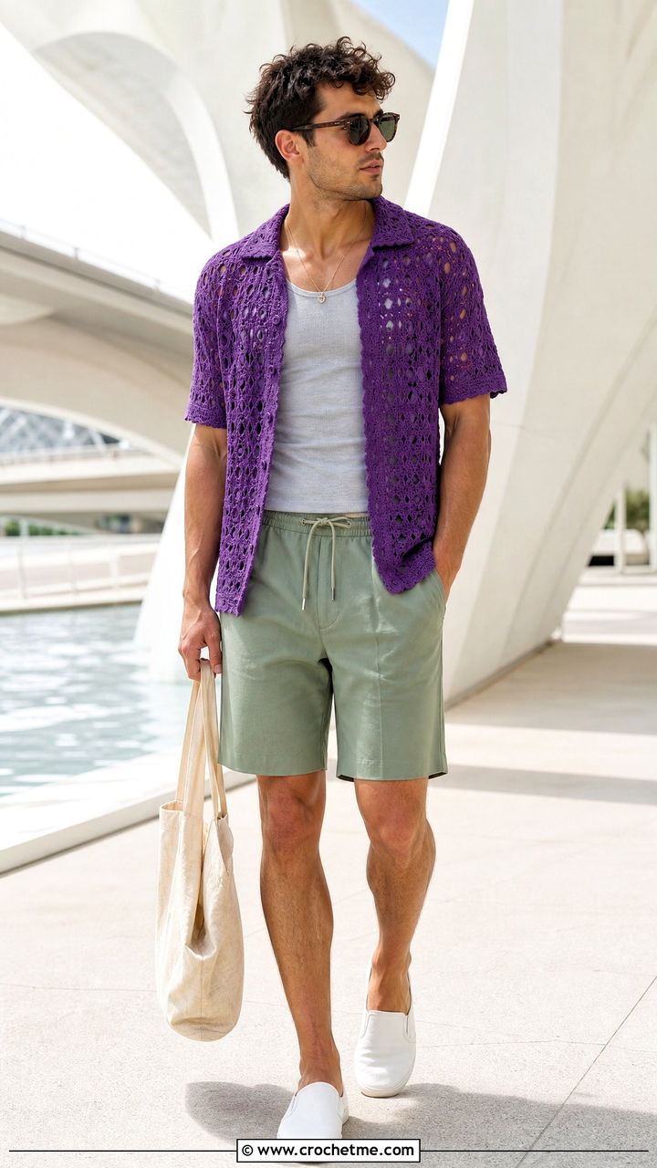 Open Front Crochet Shirt With Tank And Shorts - 35 mens crochet shirt outfit ideas