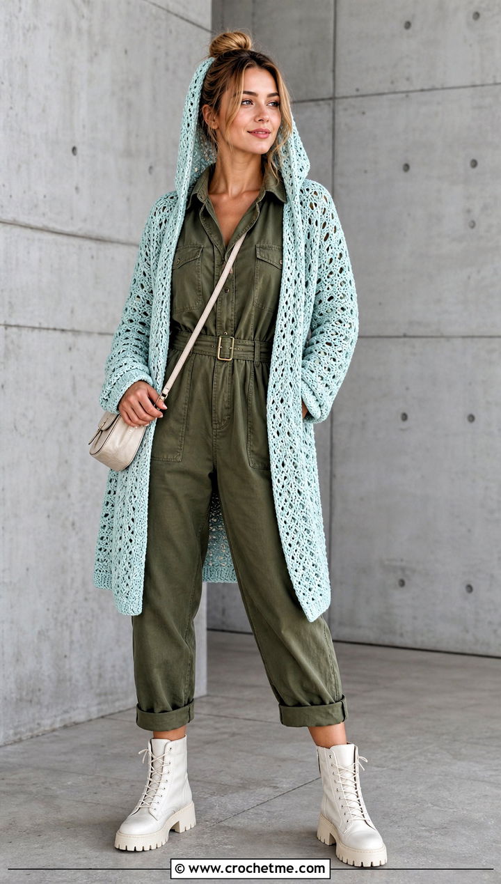 Open Front Crochet Shrug With Hood And Utility Jumpsuit - 25 crochet shrug with hood outfit ideas