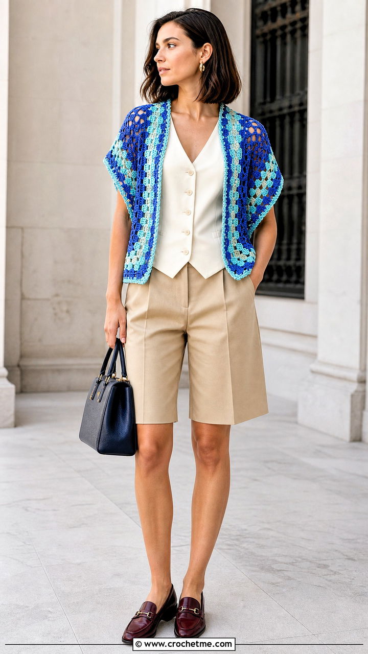 Open Front Crochet Shrug With Tailored Shorts and Loafers - 35 crochet shrugs outfit ideas