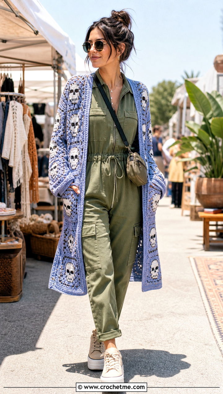 Open Front Crochet Skull Granny Square Cardigan With A Utility Jumpsuit - 25 crochet skull granny square cardigan outfit ideas