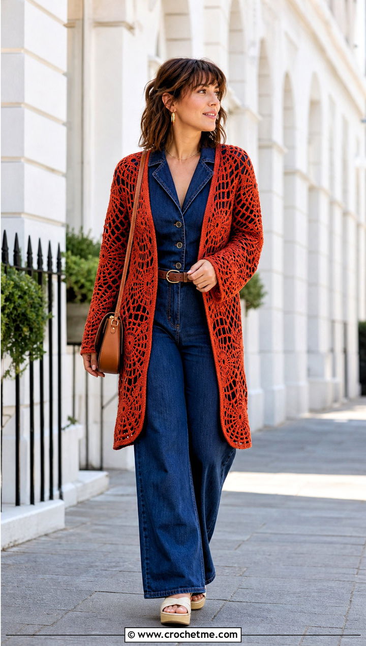 Open Front Crochet Spider Web Cardigan With Denim Jumpsuit - 25 Crochet Spider Web Cardigan outfit ideas