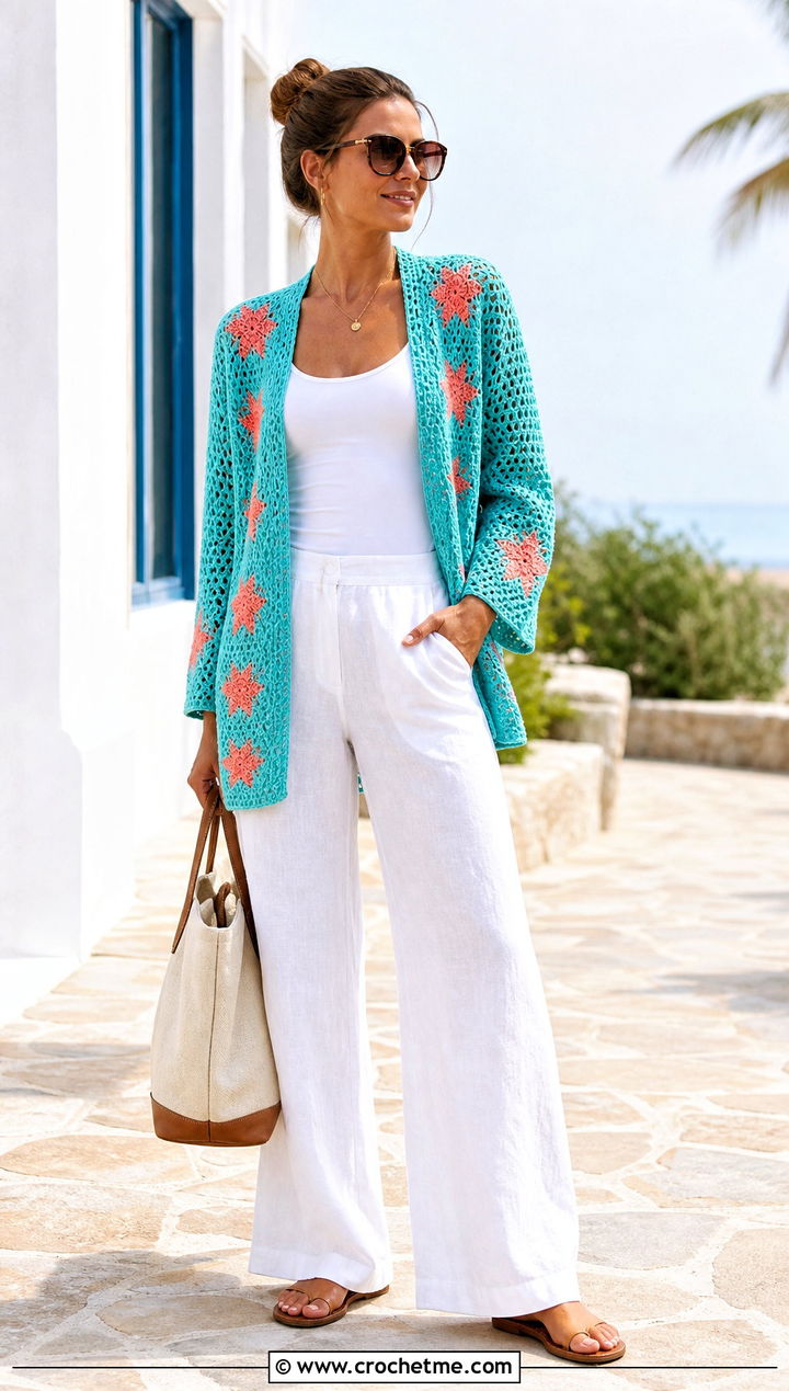 Open Front Crochet Star Granny Square Cardigan With Linen Pants - 25 Crochet Star Granny Square Cardigan outfit ideas