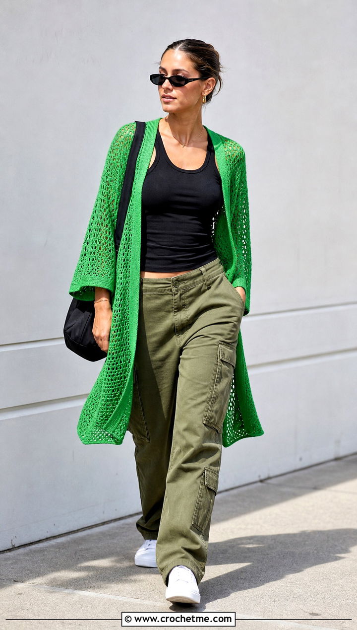 Open Front Crochet Summer Kimono With Cargo Pants - 30 crochet summer kimono outfit ideas