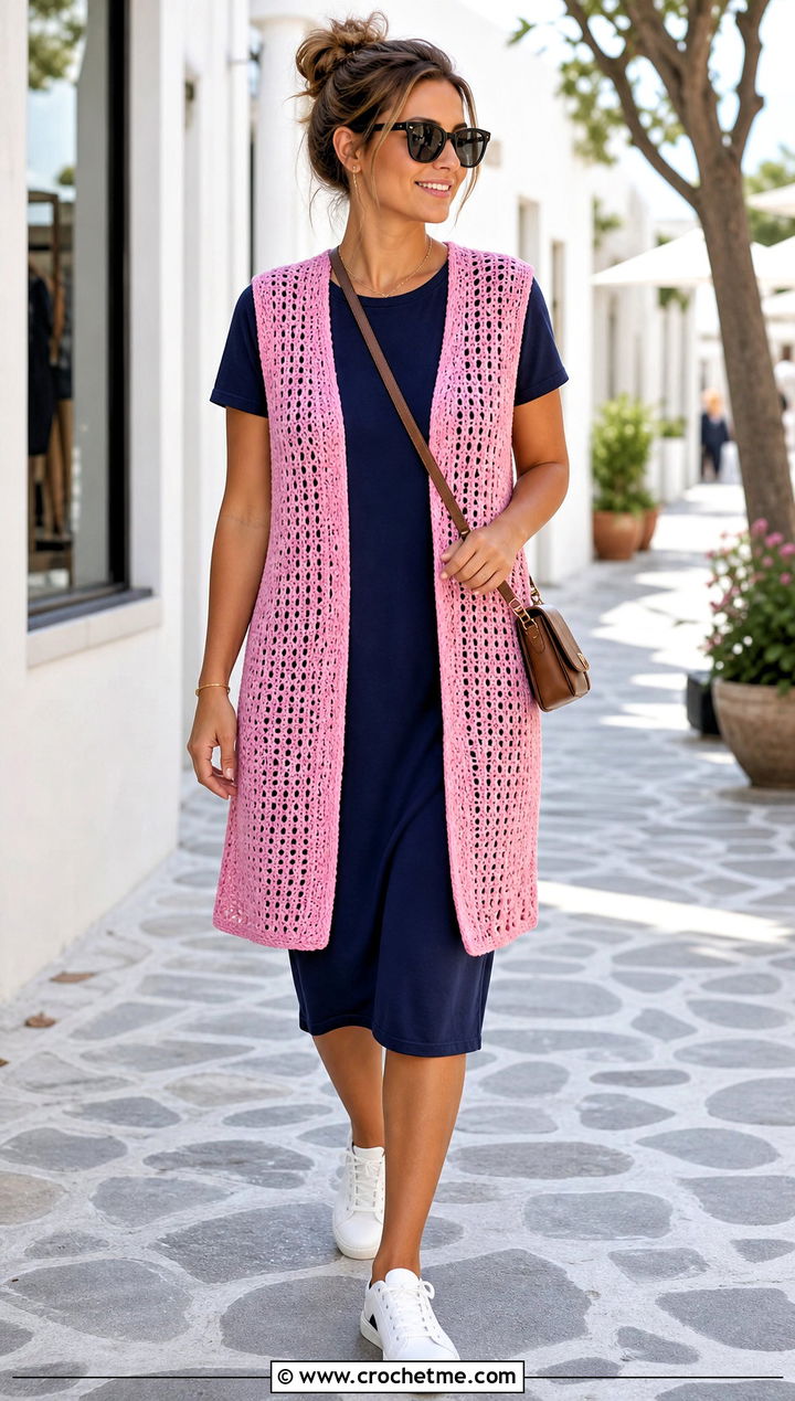 Open Front Crochet Summer Vest With a T Shirt Dress - 35 Crochet Summer Vest outfit ideas
