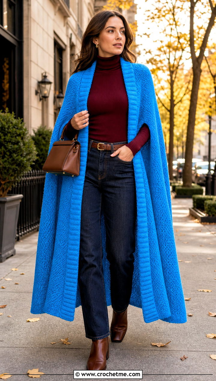 Open Front Crochet Super Hero Cape With Straight Jeans - 25 Crochet Super Hero Cape outfit ideas