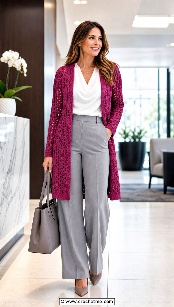 Open Front Crochet Sweater Coat With A Blouse And Wide Leg Pants - 20 Crochet Sweater Coat outfit ideas
