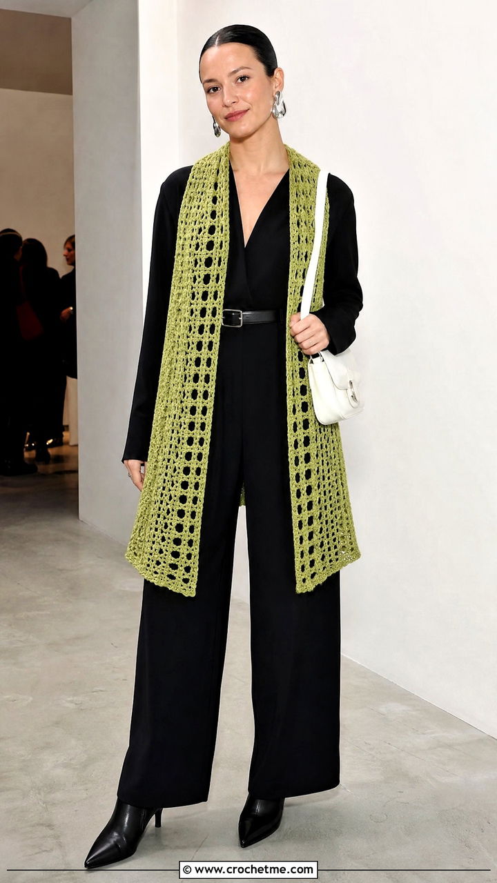 Open Front Crochet Sweater Scarf With Jumpsuit - 35 crochet sweater scarf outfit ideas