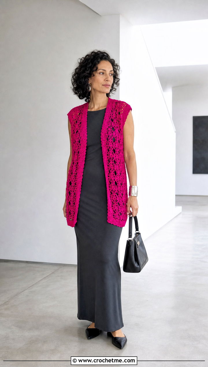 Open Front Crochet Vest With Column Dress - 35 crochet vest ideas