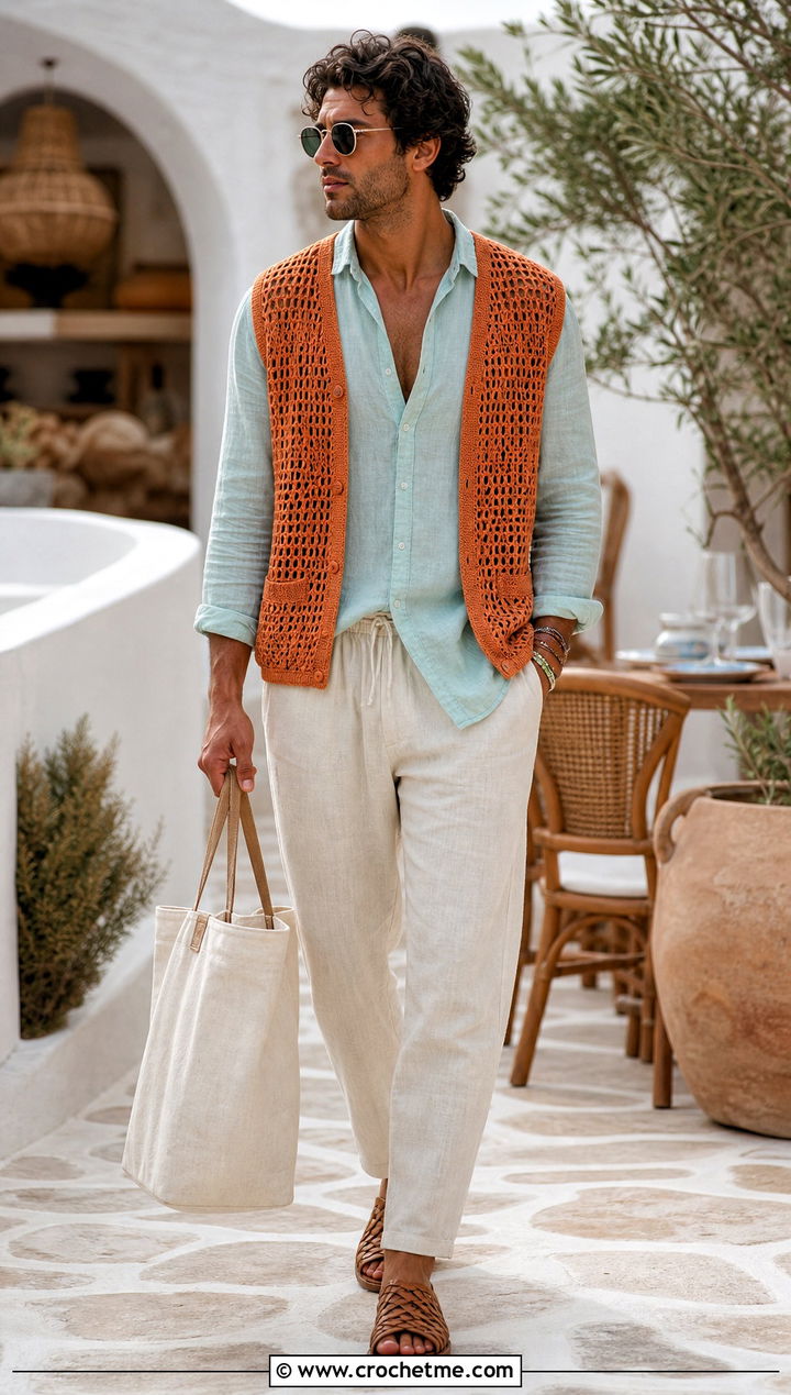 Open Front Crochet Vest With Linen Shirt And Drawstring Pants - 30 mens crochet vest outfit ideas