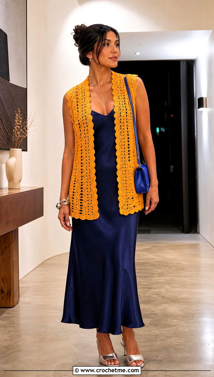 Open Front Crochet Vest With Slip Dress - 20 crochet vest outfit aesthetic outfit ideas