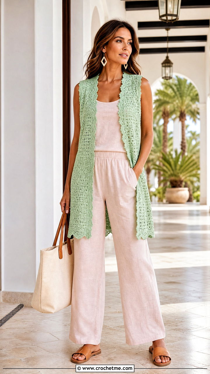 Open Front Crochet Vest With a Matching Set - 35 boho crochet vest outfit ideas