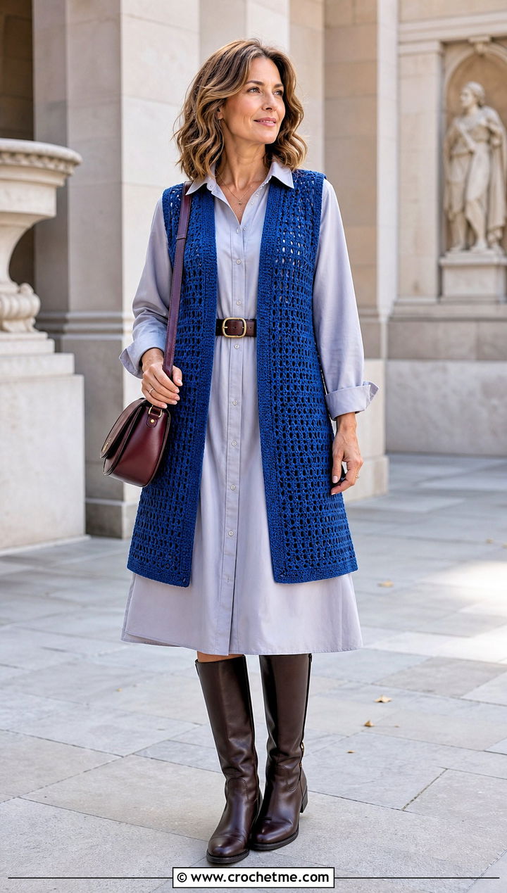 Open Front Crochet Waistcoat Vest With Shirt Dress - 15 Crochet Fall Vest outfit ideas