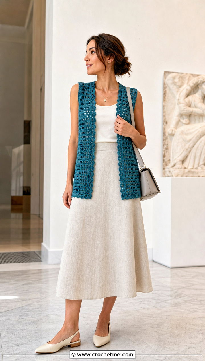 Open Front Crochet Waistcoat With Tank And Midi Skirt - 25 beginner crochet vest outfit ideas