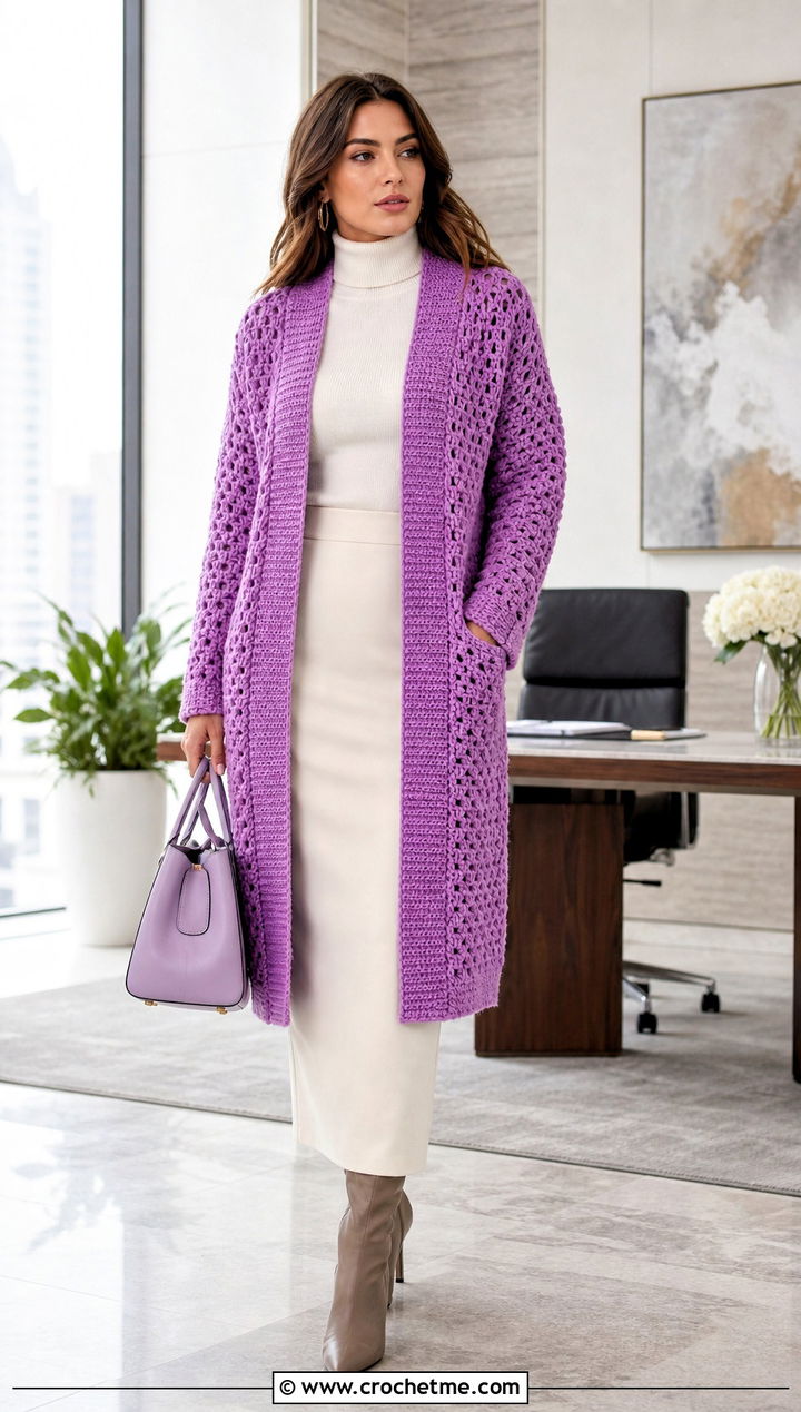 Open Front Crochet Winter Cardigan With A Column Skirt - 25 crochet winter cardigan outfit ideas