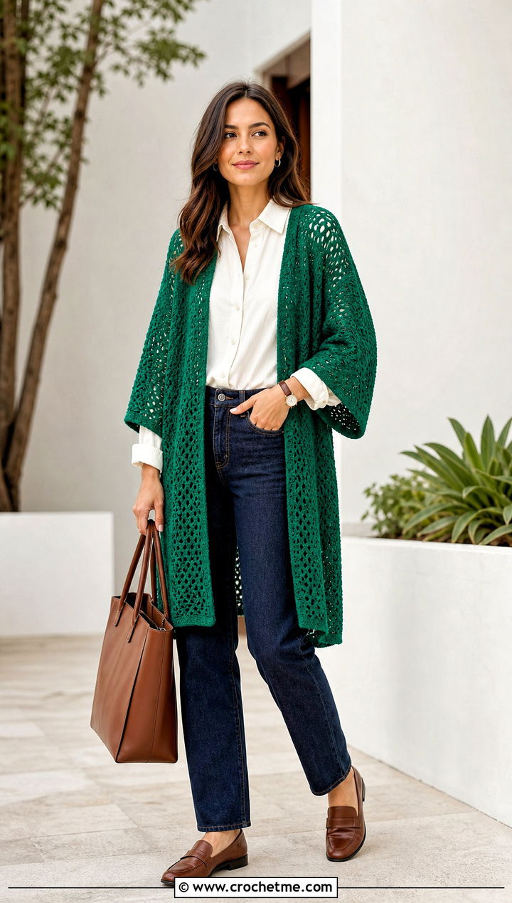 Open Front Crocheted Kimono With Button Down Shirt - 25 Crocheted Kimono outfit ideas