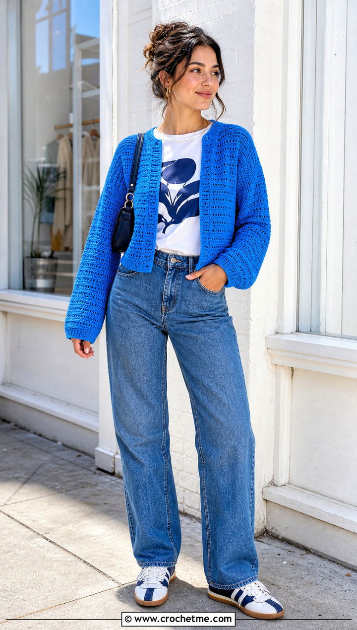 Open Front Cropped Crochet Cardigan With Graphic Tee - 35 cropped crochet cardigan outfit ideas
