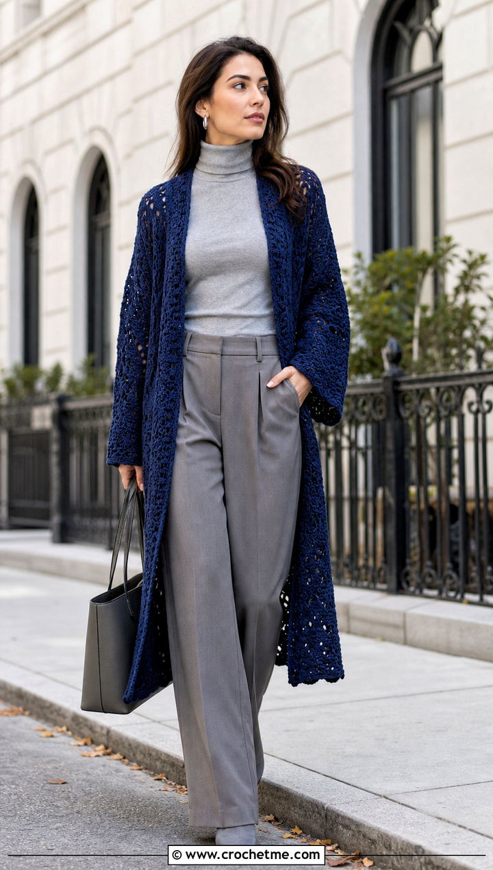 Open Front Duster Crochet Y K Cardigan With Wide Leg Trousers - 20 Crochet Y2K Cardigan outfit ideas