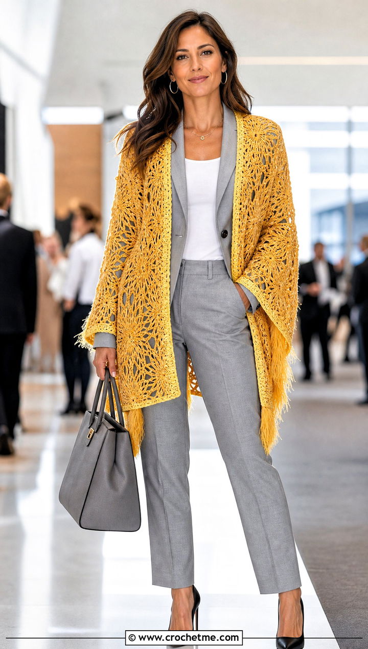 Open Front Feather Crochet Shawl With Matching Suit - 30 crochet feather shawl outfit ideas