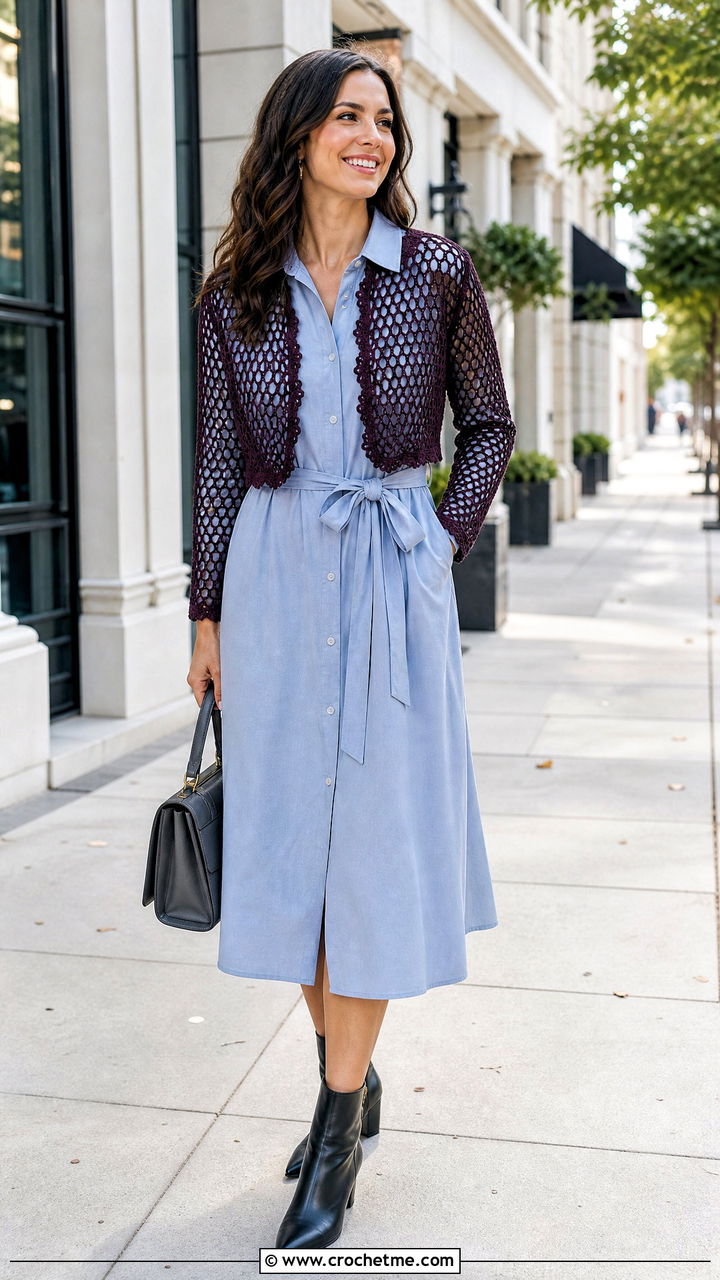 Open Front Fishnet Bolero Shrug With Shirt Dress And Ankle Boots - 35 crochet fishnet shrug outfit ideas