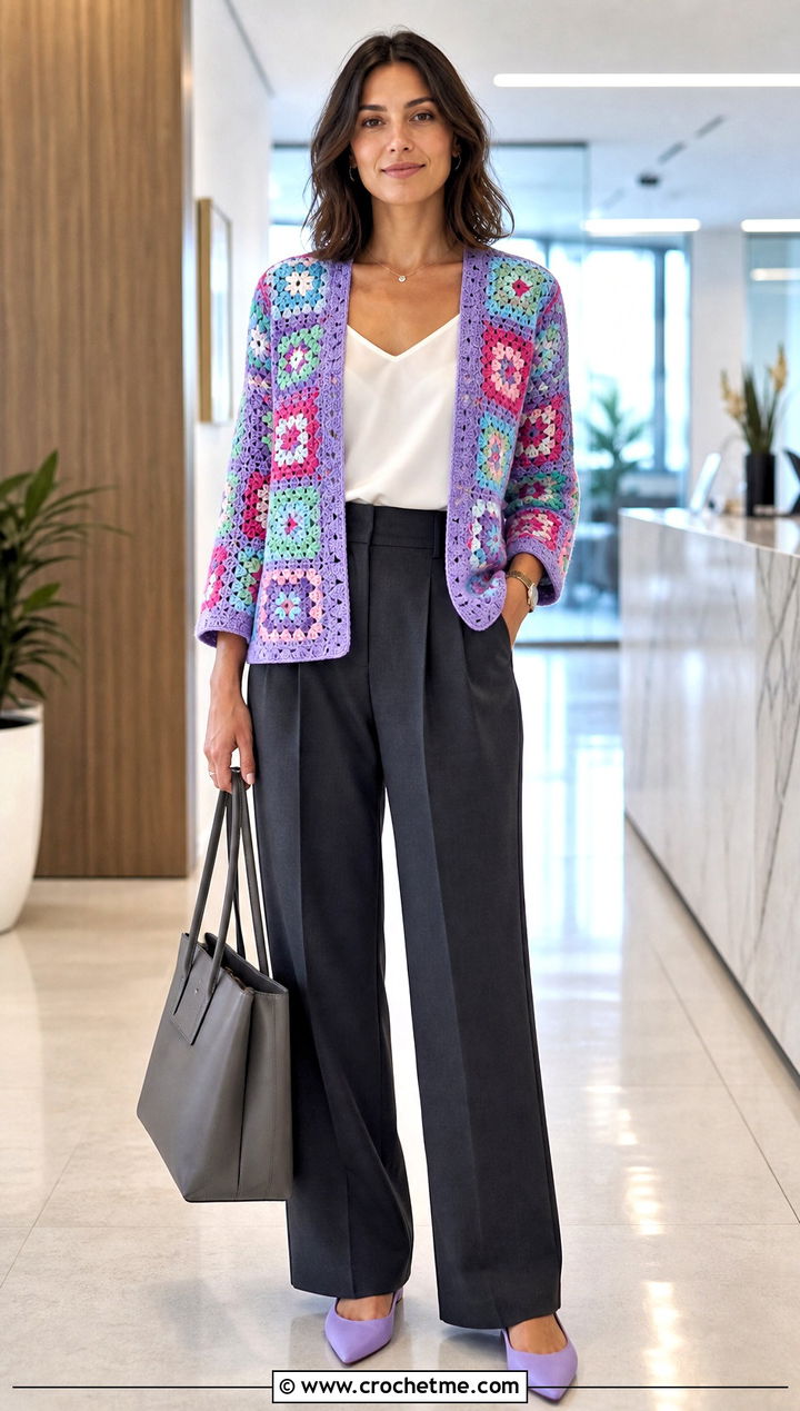 Open Front Flower Granny Square Cardigan With Tailored Trousers - 25 pastel granny square cardigan outfit ideas