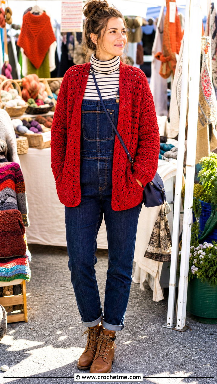 Open Front Fuzzy Crochet Jacket With Denim Overalls - 30 crochet fur jacket outfit ideas