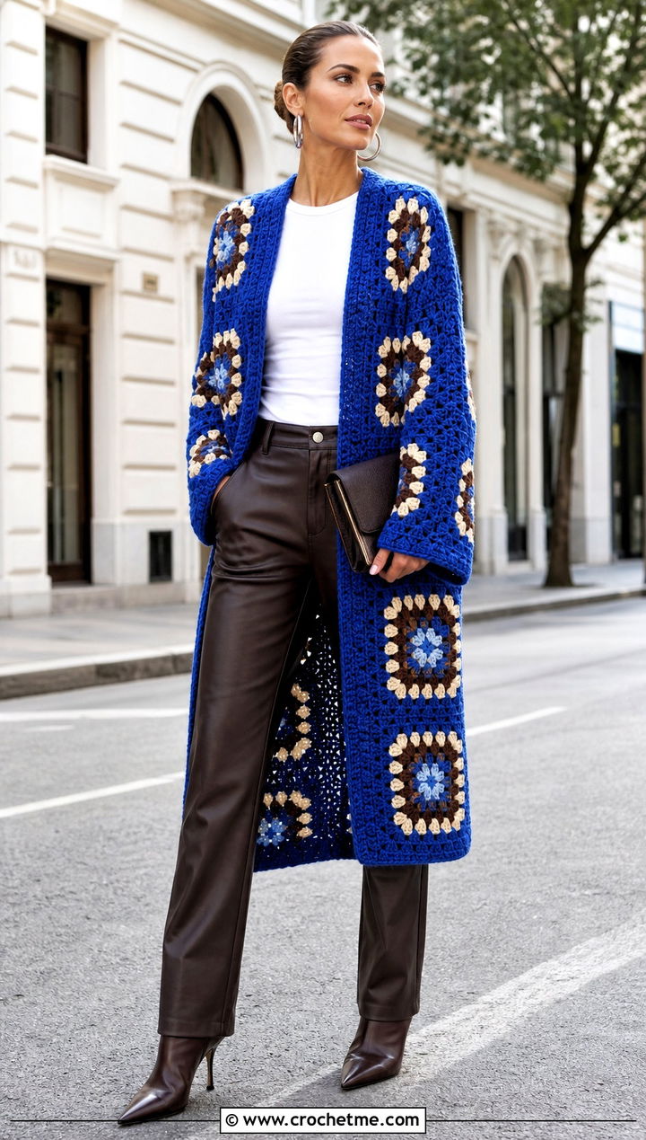 Open Front Giant Granny Square Cardigan With Leather Pants - 35 giant granny square cardigan outfit ideas