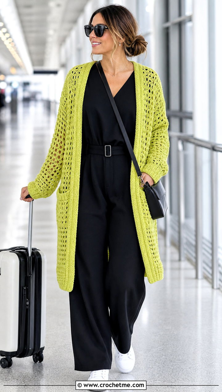 Open Front Grandpa Crochet Cardigan With Jumpsuit - 20 grandpa crochet cardigan outfit ideas
