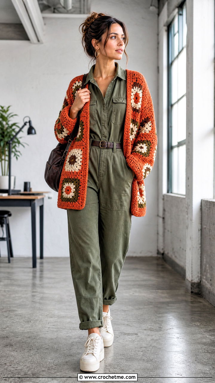 Open Front Granny Cardigan With Utility Jumpsuit - 35 crochet granny cardigan outfit ideas
