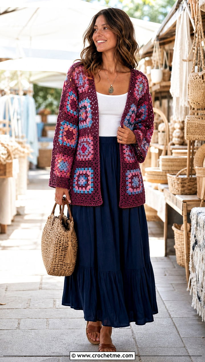 Open Front Granny Square Cardigan With A Boho Maxi Skirt - 20 boho granny square cardigan outfit ideas