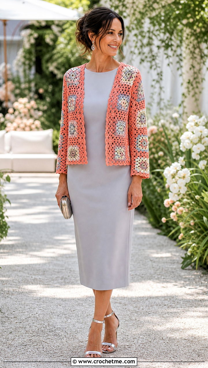 Open Front Granny Square Cardigan With Column Dress - 20 Grant Square Crochet Cardigan outfit ideas