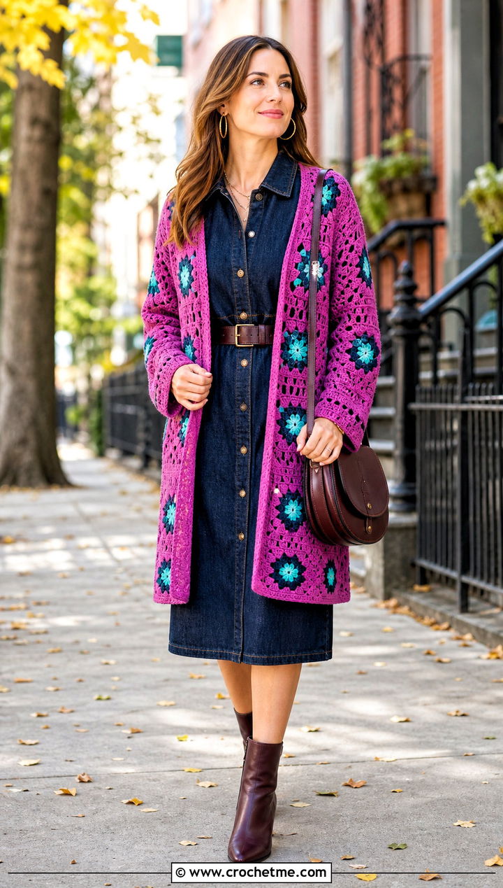 Open Front Granny Square Cardigan With Denim Dress - 30 cardigan with granny square outfit ideas