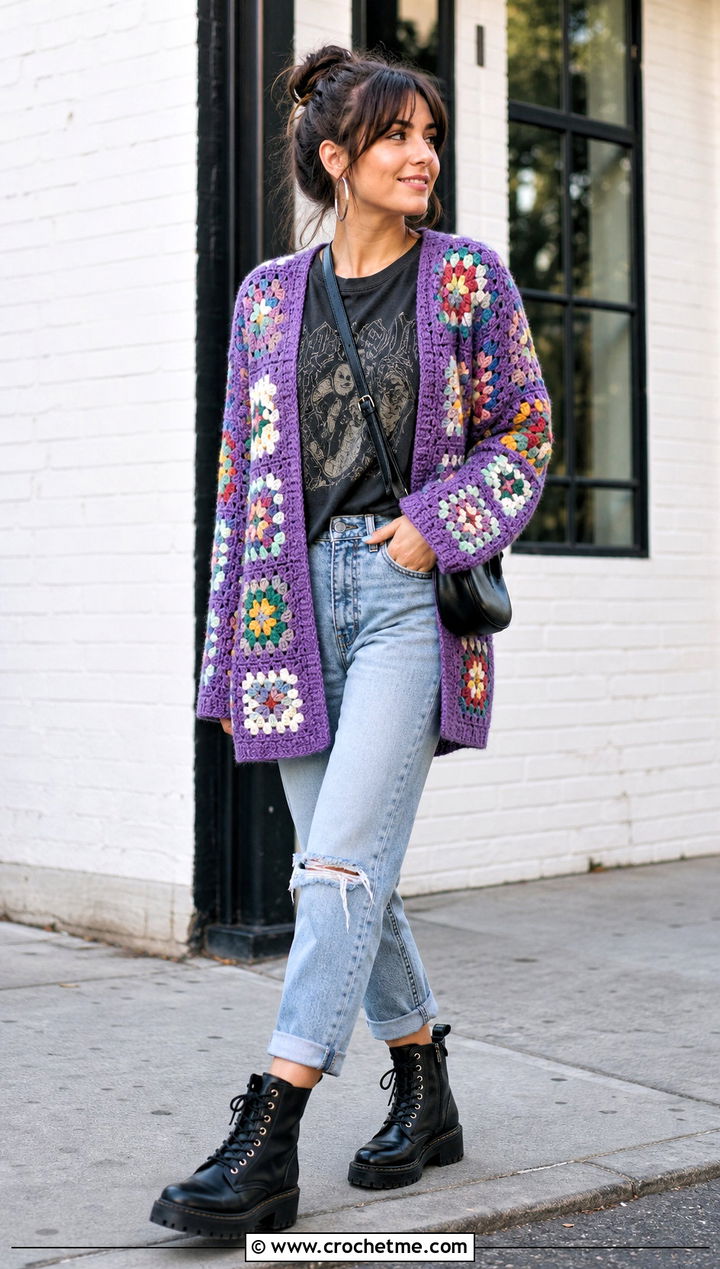 Open Front Granny Square Cardigan With Graphic Tee - 35 granny square crochet cardigan jacket outfit ideas
