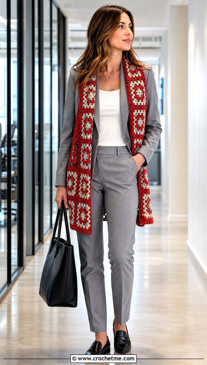 Open Front Granny Square Cardigan With Gray Suit - 15 originally lovely granny square cardigan outfit ideas