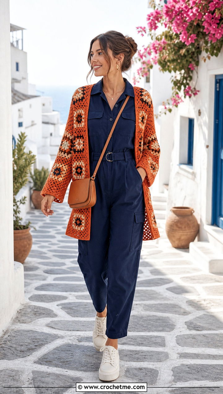 Open Front Granny Square Cardigan With Jumpsuit - 25 Two Granny Square Cardigan outfit ideas