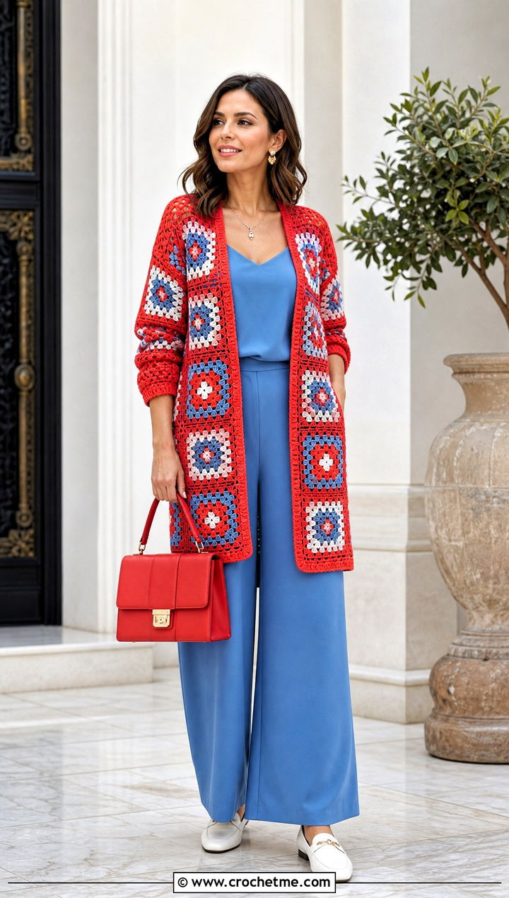 Open Front Granny Square Cardigan With Matching Set - 30 granny squares cardigan outfit ideas