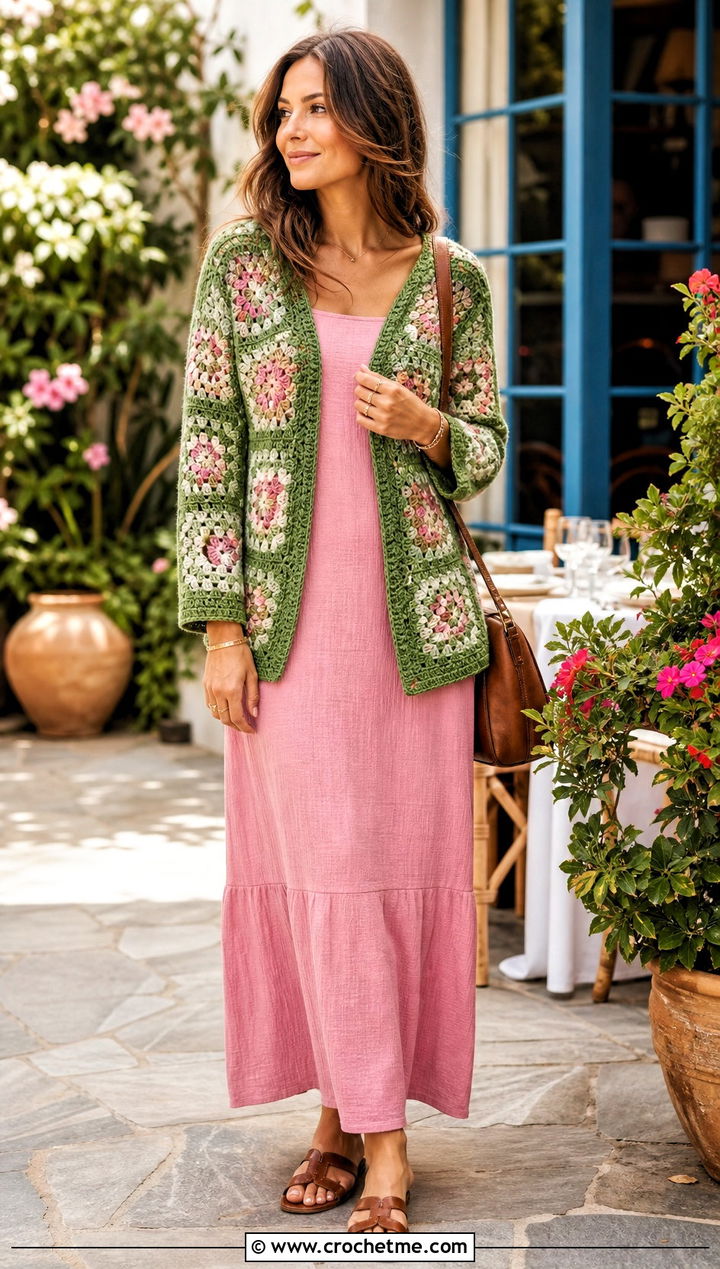 Open Front Granny Square Cardigan With Maxi Dress - 35 Easy Simple Crochet Granny Square Cardigan outfit ideas