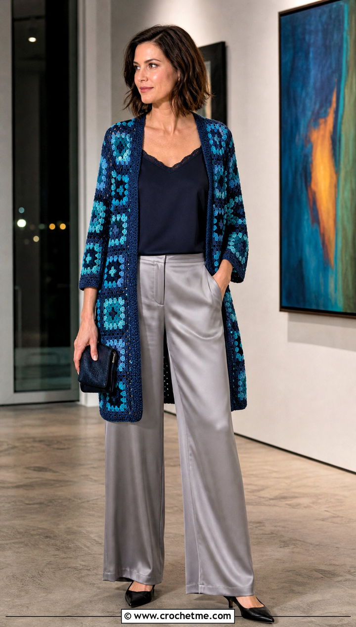 Open Front Granny Square Cardigan With Satin Pants - 25 One Granny Square Cardigan outfit ideas