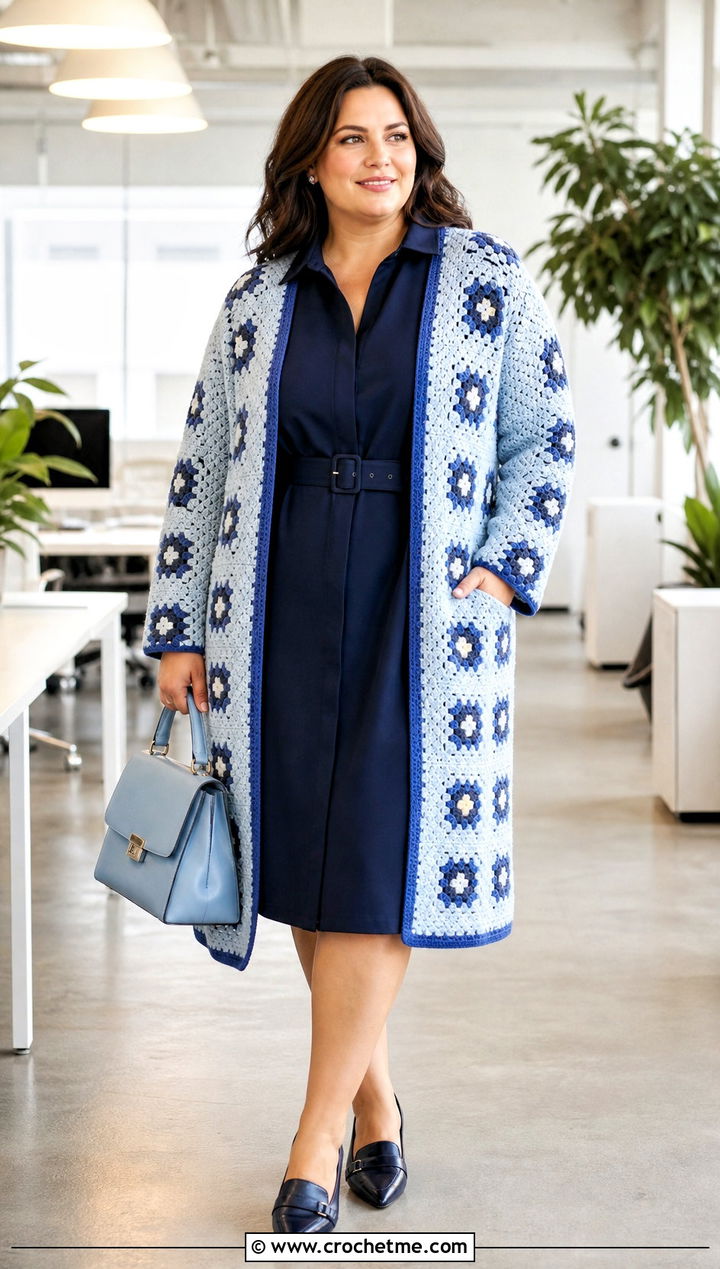 Open Front Granny Square Cardigan With Shirt Dress - 30 plus size crochet granny square cardigan outfit ideas