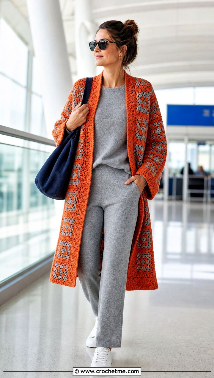 Open Front Granny Square Coat With Matching Knit Set - 30 granny square coat outfit ideas