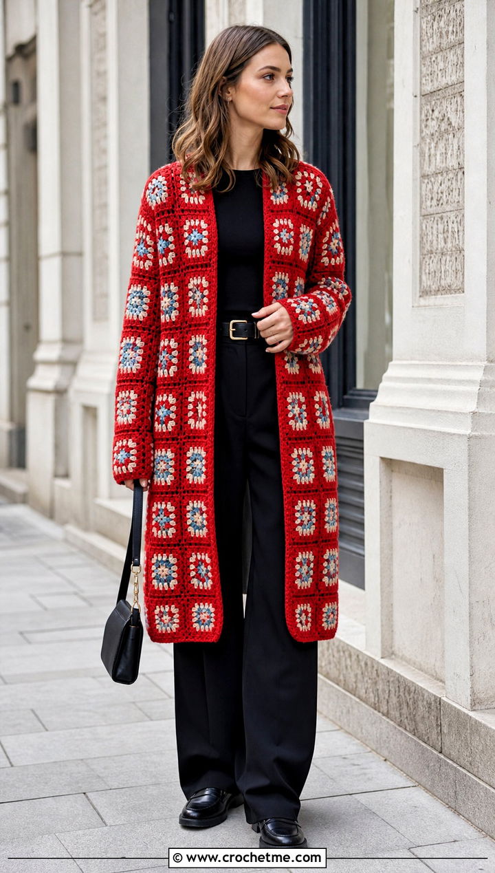 Open Front Granny Square Coatigan With Monochrome Basics - 15 crochet granny square afghan style coat cardigan outfit ideas