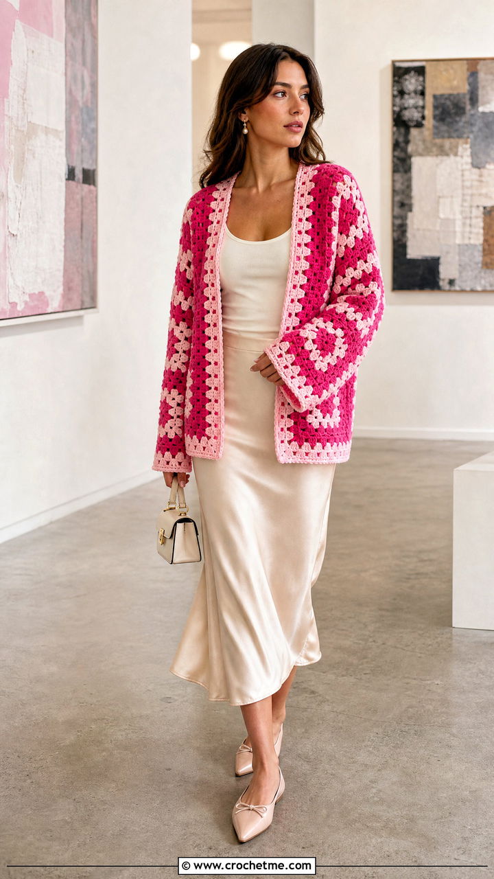 Open Front Granny Square Crochet Cardigan With Satin Skirt - 35 granny square crochet cardigan outfit ideas