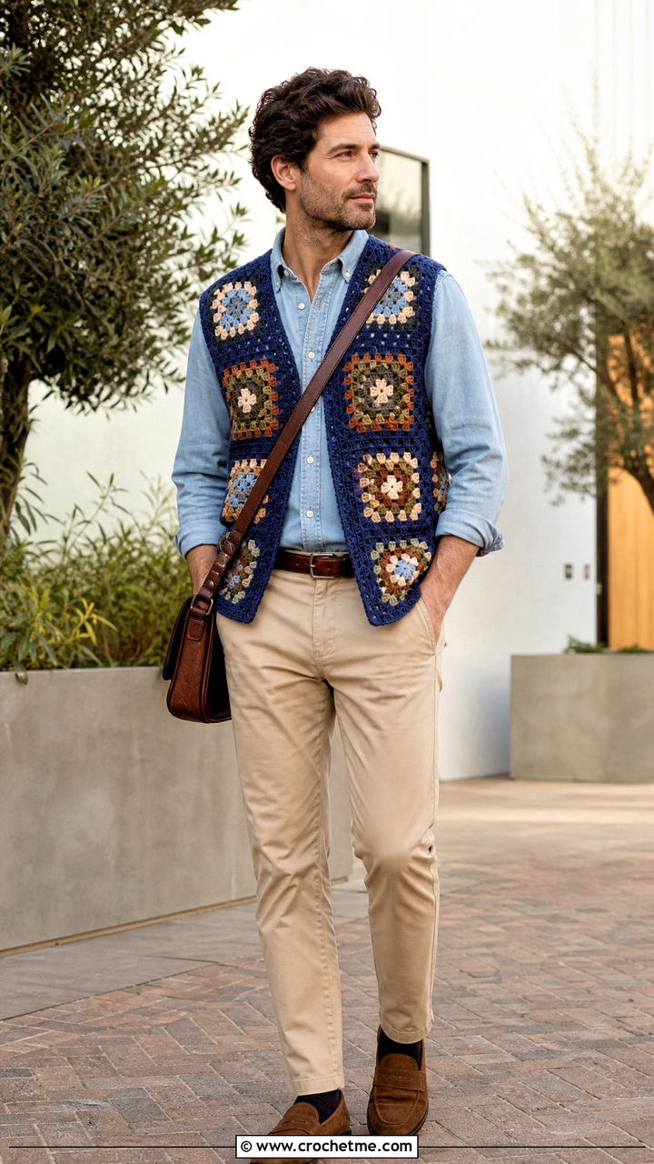 Open Front Granny Square Crochet Vest With Denim Shirt - 35 crochet vest for men outfit ideas