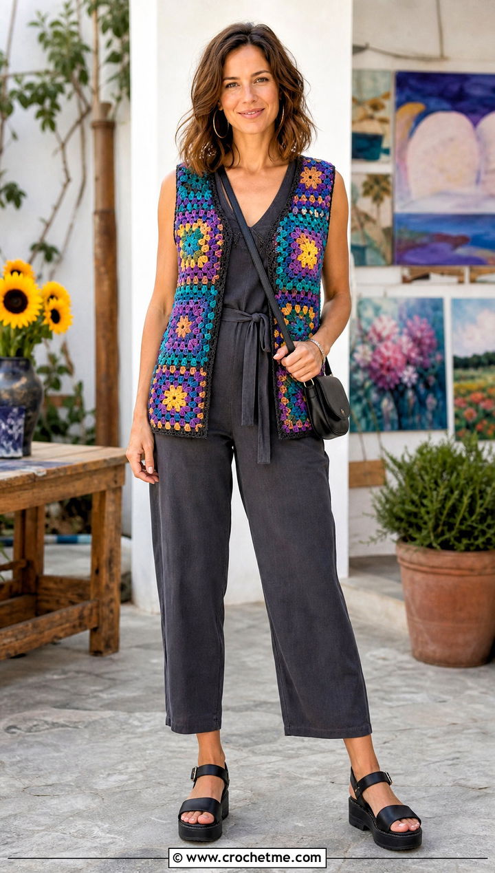 Open Front Granny Square Crochet Vest With a Jumpsuit - 35 crochet vests outfit ideas