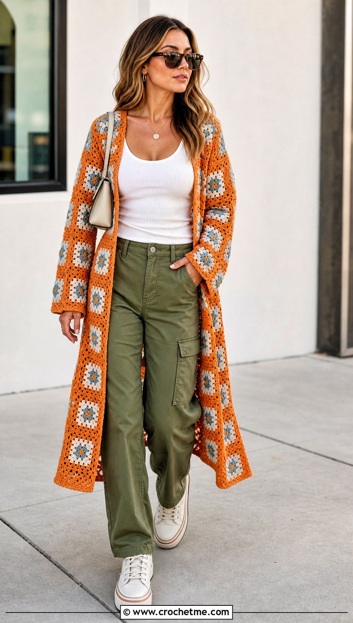 Open Front Granny Square Duster With Cargo Pants - 35 granny square duster outfit ideas