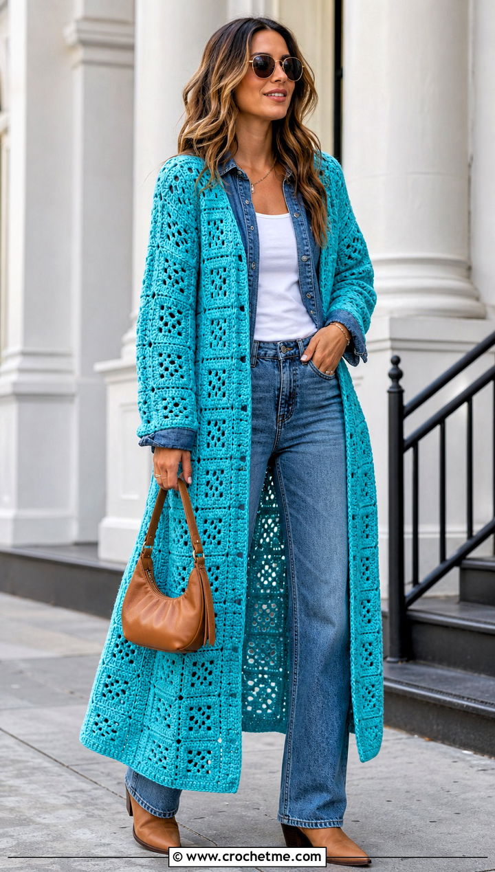 Open Front Granny Square Duster With Matching Denim - 25 Crochet Granny Square Duster outfit ideas