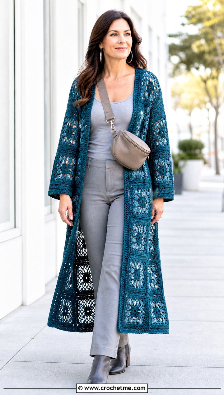 Open Front Granny Square Duster With Monochrome Basics - 25 granny crochet sweater outfit ideas