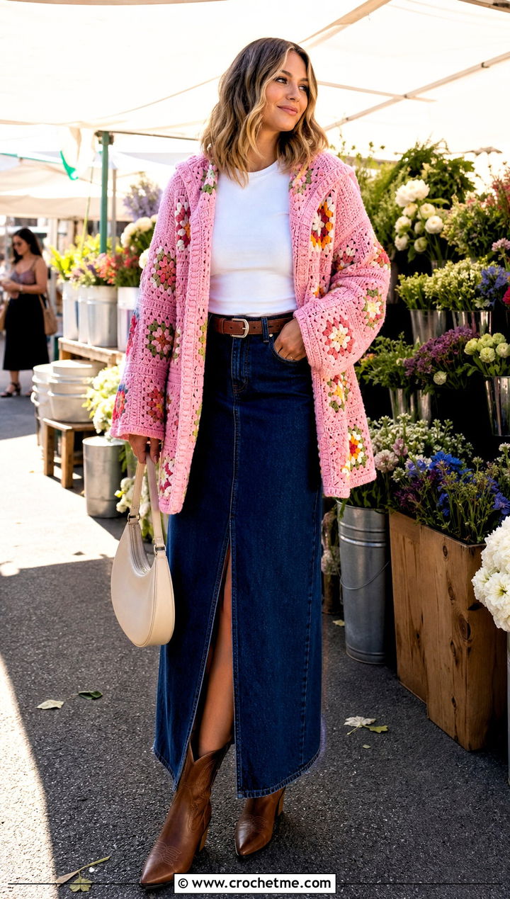 Open Front Granny Square Hooded Cardigan With Denim Maxi Skirt - 25 Granny Square Hooded Cardigan outfit ideas
