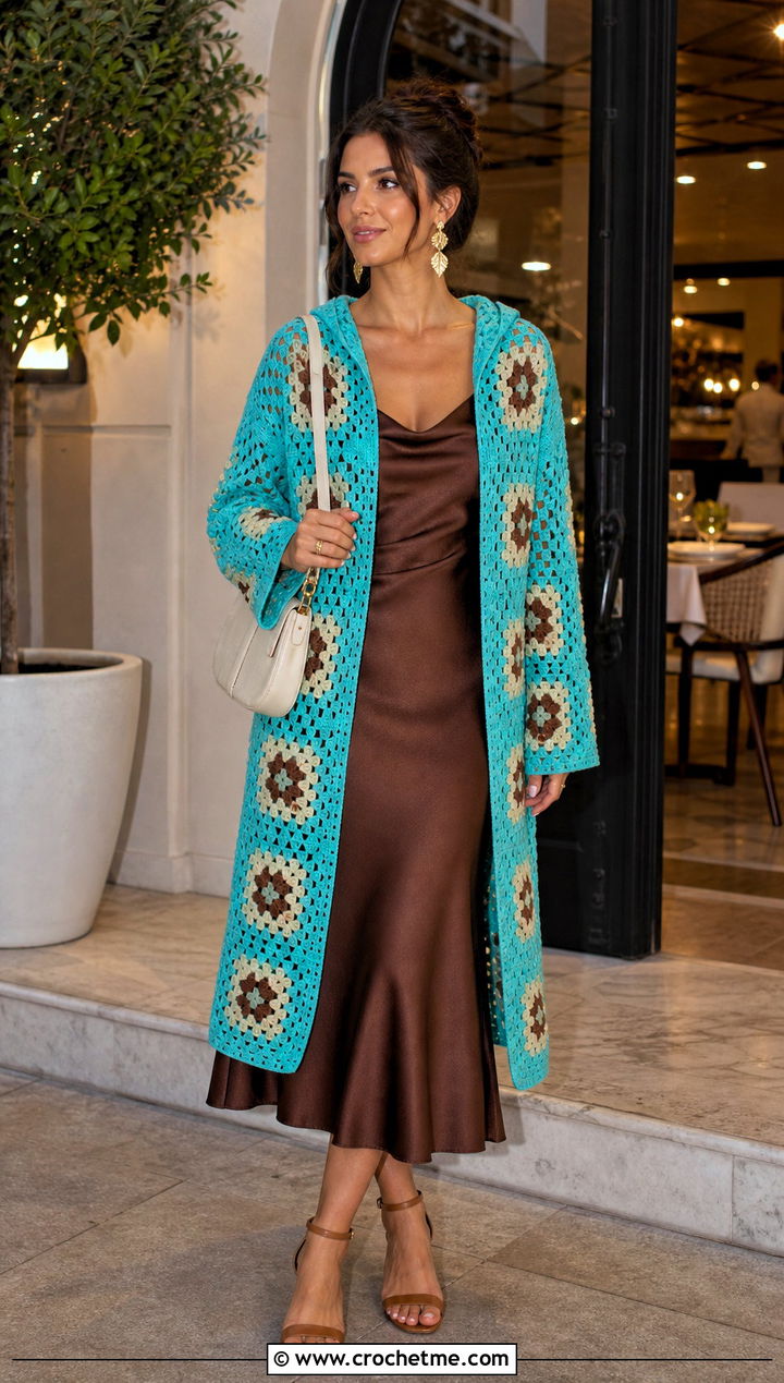 Open Front Granny Square Hooded Jacket With Slip Dress - 25 Granny Square Hooded Jacket outfit ideas