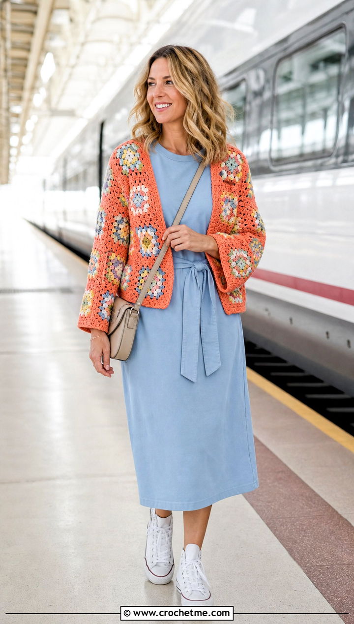 Open Front Granny Square Jacket With T Shirt Dress - 30 granny square jackets outfit ideas