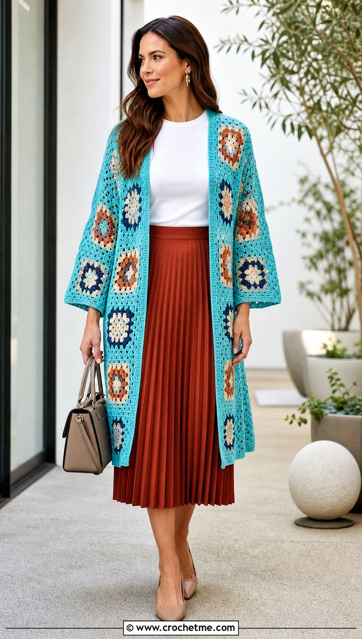 Open Front Granny Square Kimono With Pleated Skirt - 15 crochet granny square kimono outfit ideas